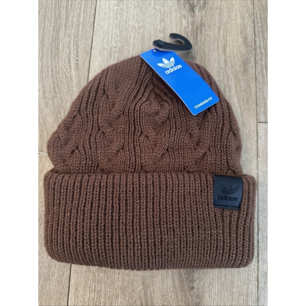 Adidas Cable Knit‎ Beanie Brown Ribbed Fold Up Cuff Logo Patch Standard Fit